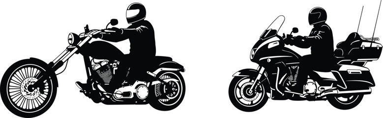 Classic Chopper and Modern Touring Motorcycle Vector Silhouettes, Motorbike Rider with Helmet, Black and White Graphic Illustration for Custom Biker Club Design, Isolated on White BackgroundClassic 