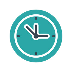 Modern turquoise clock icon, minimalist timepiece design, wall clock graphic for interior decoration, time management tool, punctuality symbol, flat vector illustration
