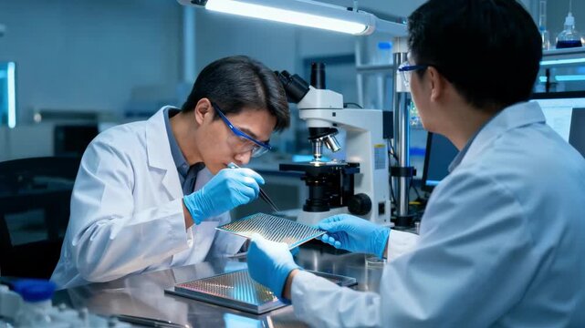 Medium shot of a researcher handling nanostructured substrates in a modern lab exploring advanced energy materials for improved device efficiency.
