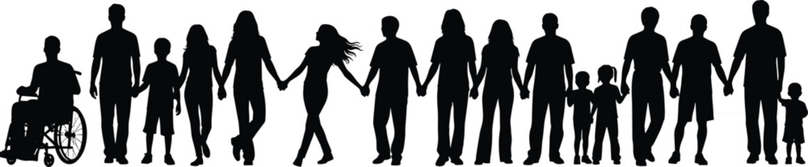 Diversity and Inclusion Family Community Silhouettes Holding Hands Together Representing Teamwork, Unity, Support, and Global Human 