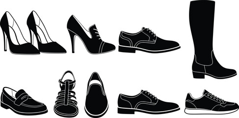 Collection of various men's and women's footwear silhouettes, including high heels, oxford shoes, sneakers, sandals, loafers, and boots, isolated vector illustration on white background