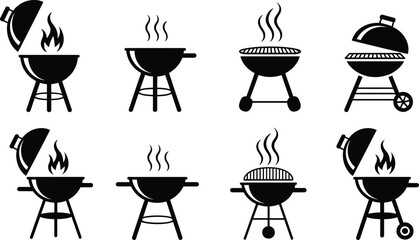 Barbecue grill, icon, silhouette, black, cooking, flame, steam, outdoor, equipment, vector, design, lid, open, closed, wheels, handle, grate, food, illustration, style