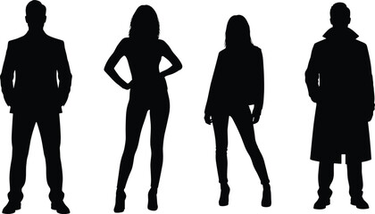 Fashion silhouettes set of four standing people, black full-length anonymous figures, man in suit, woman posing, slim models in stylish clothing, vector illustration, isolated on white background.