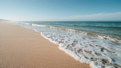A sandy beach with waves crashing onto the shore under a clear blue sky.