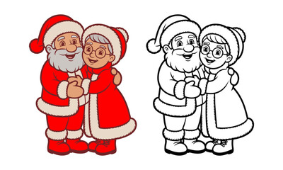 Cute Santa couple hug coloring book design