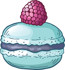 A blue pastry with a raspberry on top