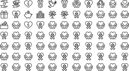 Charity and donation icons set featuring hands, hearts, ribbons, money symbols, nonprofit support, giving themes, fundraising and kindness illustrations