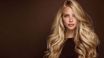 Fototapeta premium Elegant Beauty: A stunning woman with flowing golden hair and captivating eyes exudes grace and allure against a warm, muted backdrop. This image encapsulates timeless elegance and feminine charm.