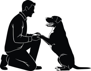 Man and dog bonding, Labrador giving a paw, black and white vector illustration of pet training, friendship, 