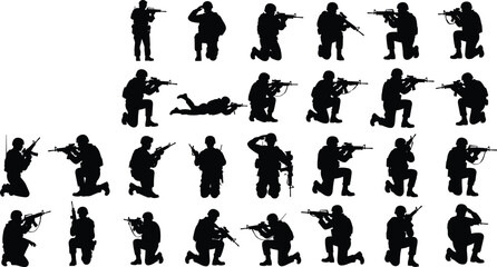 Military Soldier Silhouette Vector Pack, Army Troops Poses Collection for War and Combat Scenes, Tactical Operations, Special Forces Training, Modern Warfare Icons