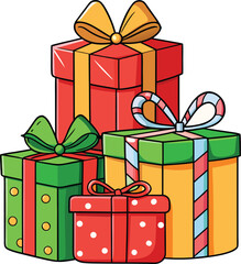 Set of colorful celebration gift boxes with bows and ribbons, a vector illustration for Christmas, birthday, and anniversary.