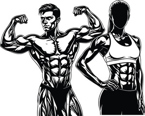 Muscular man posing in bodybuilding competition, and strong fit woman with perfect abs, vector illustration of fitness and gym training, black and 