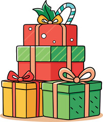 A colorful vector illustration set of Christmas gift boxes with bows and ribbons for holiday celebration.