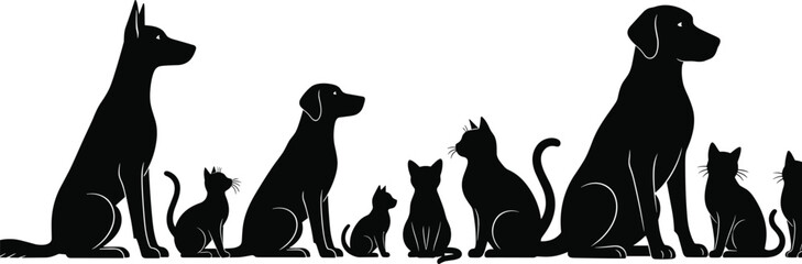Stylized Black Silhouette Collection of Domestic Pets, Dogs and Cats Standing Together on a Line, Vector Illustration for Veterinary, Pet Shop, or Animal Rescue 