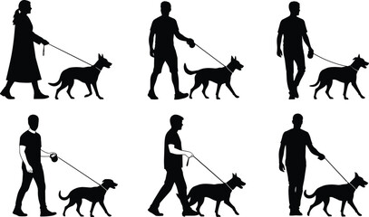 Silhouettes of People Walking Dogs on Leashes Outdoors Vector Illustration Set, depicting Owners and Pets in Various Poses for Public Park Activities