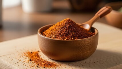 Vibrant red spice in a wooden bowl with a small spoon on a rustic cutting board