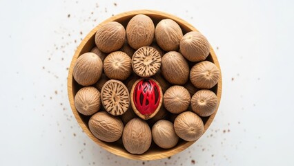A collection of whole and cut nutmeg seeds in a wooden bowl