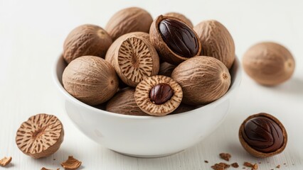 Fresh nutmeg nuts in a white ceramic bowl, showcasing whole and cracked seeds