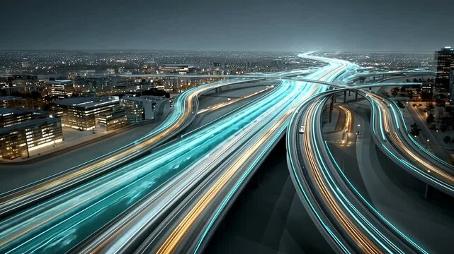 Illuminated traffic flows over a city highway interchange at night, creating a dynamic light trail effect
