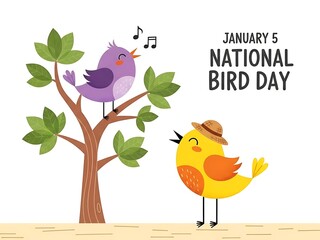 Two cartoon birds celebrate national bird day with music and friendship on white background