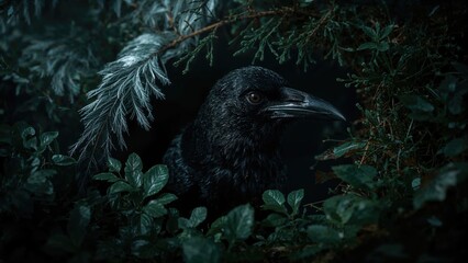 Obraz premium A black raven hidden among dense green foliage, peering through the leaves in a dark, natural environment.