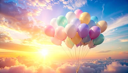 Fototapeta premium Pastel Balloons Floating in Dreamy Sunrise Sky