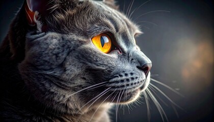 Close-Up Portrait of Grey Cat with Striking Amber Eyes