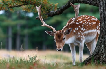 Obraz premium a fallow deer with antlers in the english countryside, standing by a tree and eating grass.