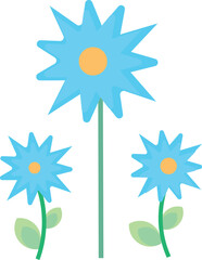 Three blue cartoon flowers