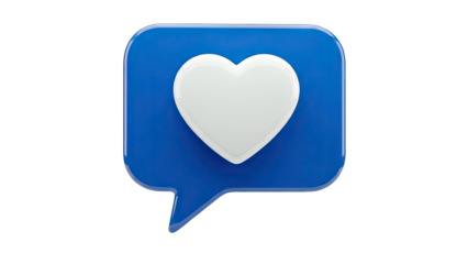 3D Heart in a Blue Speech Bubble on White Background
