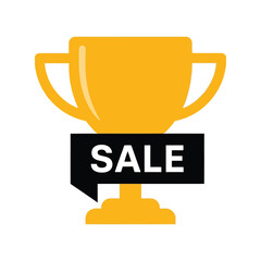 Bright Golden Trophy Icon with Sale Banner, Award Symbol for Promotions and Discounts, Celebration Concept, Flat Design for Marketing and Advertising