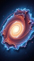 A swirling nebula with a bright center framed by a dark starstudded background