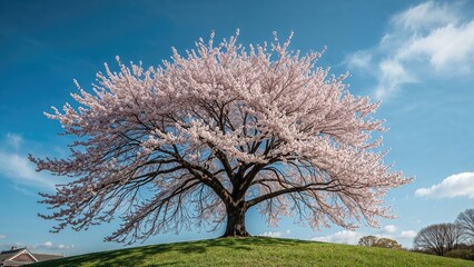 A solitary cherry blossom tree in full bloom on a small hill under a blue sky with some clouds.
