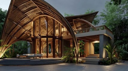 Exquisite modern sustainable villa architectural design inspired by nature, blending seamlessly with lush tropical surroundings