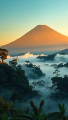 A towering mountain looms above a misty forest landscape