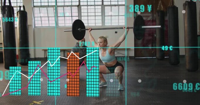 Female athlete starting overhead squat bracing barbell, coach spotting, training metrics growing