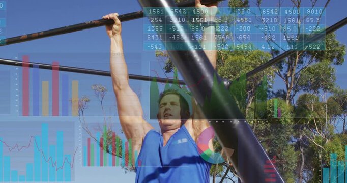 Man gripping horizontal bar and performing toes-to-bar reps for fitness while charts overlaying him