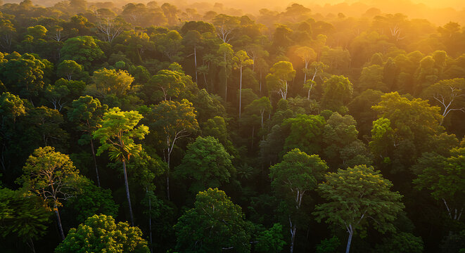 Golden Sunlight over Amazon Rainforest Canopy, Brazil