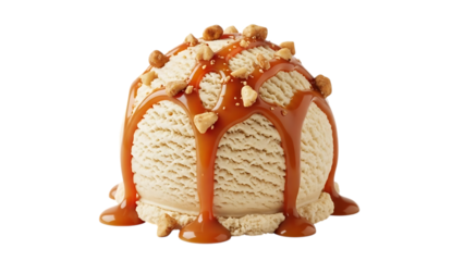 A large scoop of vanilla ice cream with caramel sauce and crushed nuts on against a black background
