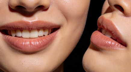 Extreme close-up of a delicate smile with soft lip curves and subtle natural texture. Minimal composition with clean studio lighting, detailed and realistic macro aesthetic