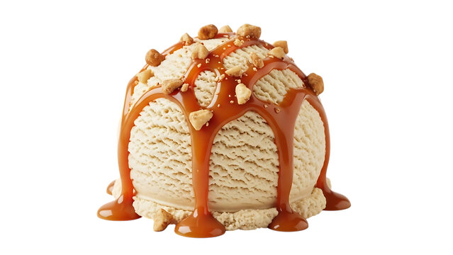 A large scoop of vanilla ice cream with caramel sauce and crushed nuts on against a black background