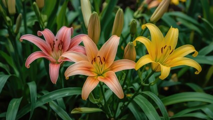 Obraz premium Pink, peach, and yellow lilies in a garden with lush green leaves.