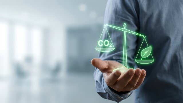 ESG green finance concept, businessman holding digital scale balancing carbon dioxide against nature, promoting corporate sustainability and net zero goals
