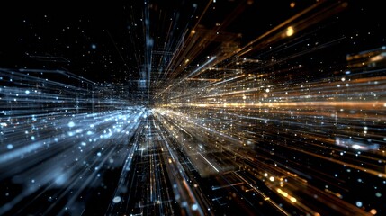 Abstract Representation of Dynamic Light Trails and Particles Creating an Illusion of Speed and Motion Through a Digital Space