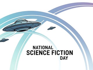 National science fiction day illustration with spaceship and futuristic design elements on white background