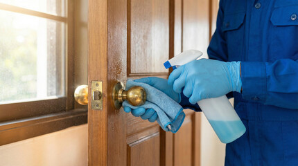 Person Cleaning Door Handle with Spray Cleaner and Cloth in Sunlit Room