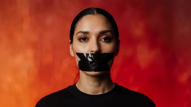Woman with taped mouth looking away, symbolizing censorship and silenced voices.