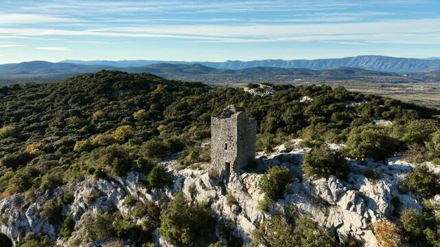 Pic St Loup, Herault, France. Tower in the mountain. Dolly Zoom