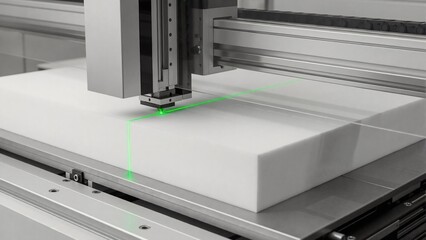 Industrial CNC machine with green laser for precision cutting. Automated equipment in factory for modern manufacturing and technology