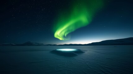 Naklejka premium Aurora borealis dancing over frozen lake iceland stunning night sky serene landscape ethereal beauty natural wonder